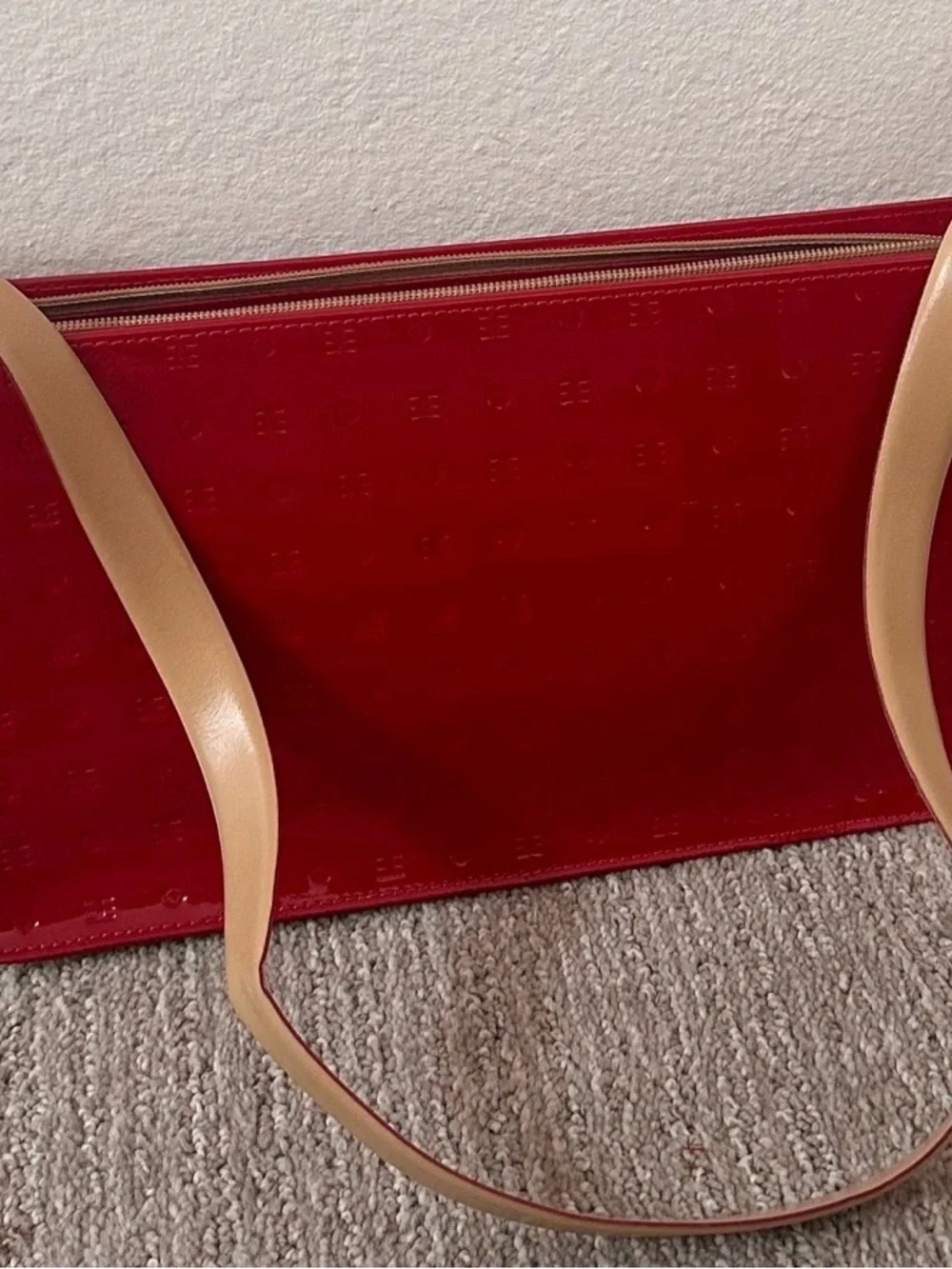 Red Patent Leather Tote with Tan Straps